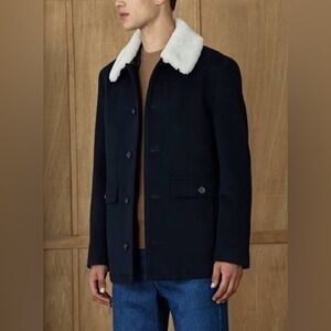 Balibaris Men's Navy Wool Jacket with White Shearling Collar